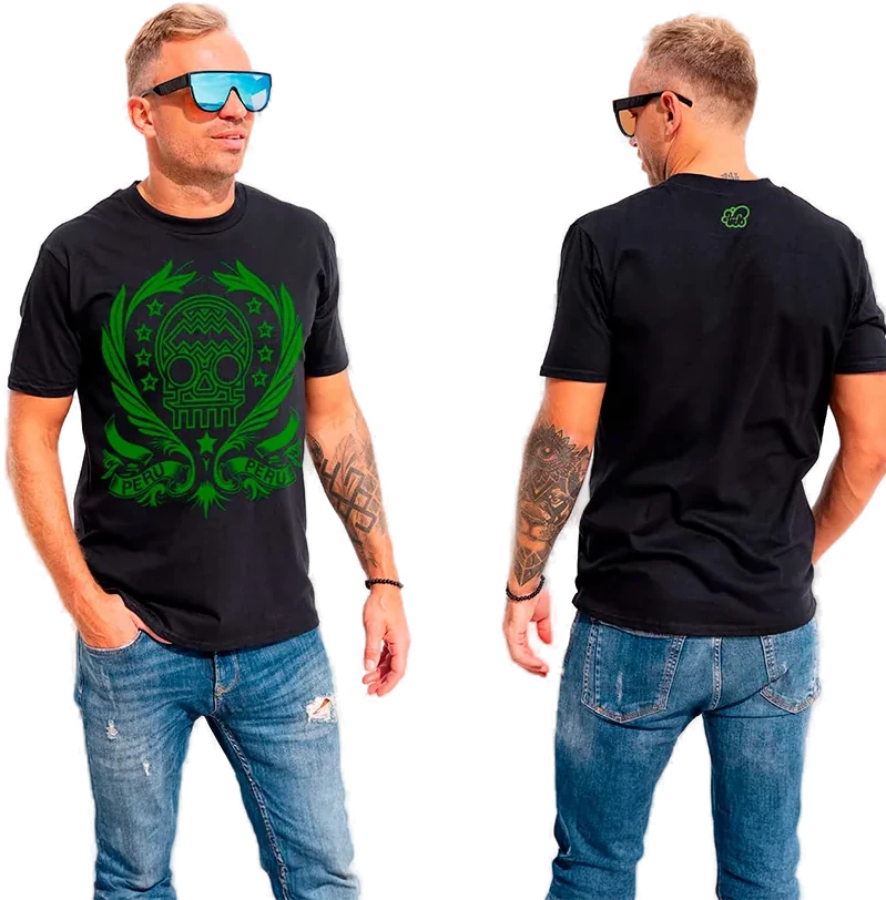 Polos negros TIPO con arte psicodélico verde